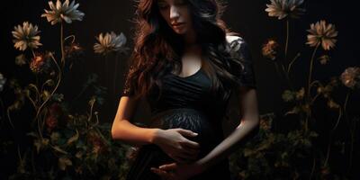 ai generato triste incinta donna su un' nero sfondo. nero fiori. generativo ai foto