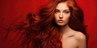 ai generato donna con rosso capelli su un' rosso sfondo, pubblicità shampoo. generativo ai foto