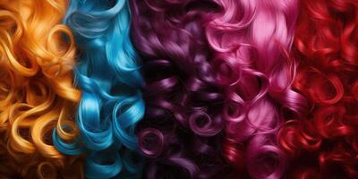 ai generato capelli struttura sfondo, impostato di luminosa capelli colori. campioni di coloranti per colorato capelli. generativo ai foto