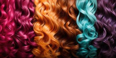 ai generato capelli struttura sfondo, impostato di luminosa capelli colori. campioni di coloranti per colorato capelli. generativo ai foto