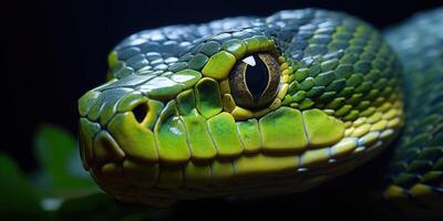 ai generato viso di un' blu verde serpente avvicinamento, testa di vipera serpente, avvicinamento animale. generativo ai foto