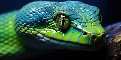 ai generato viso di un' blu verde serpente avvicinamento, testa di vipera serpente, avvicinamento animale. generativo ai foto