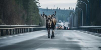 ai generato conservazione di selvaggio animali. alce attraversamento il strada. generativo ai foto