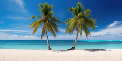 ai generato Due palma alberi avvicinamento su un' tropicale isola con bianca sabbia. generativo ai foto