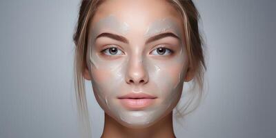 ai generato un' bellissimo giovane ragazza si applica verde cosmetico viso maschera. generativo ai foto