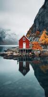 ai generato lago case, scandinavo stile. minimalismo. Immagine per manifesto. generativo ai foto