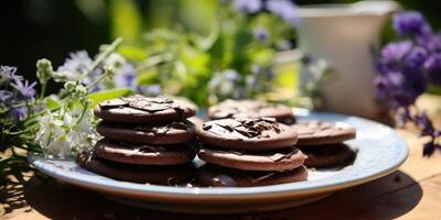 ai generato fatto a mano cioccolato fatti in casa biscotti, floreale estate sfondo. generativo ai foto