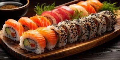 ai generato assortito Sushi e rotoli su awooden tavola. varietà di giapponese Sushi. generativo ai foto