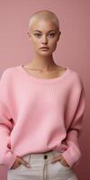 ai generato ritratto di Calvo donna nel un' rosa maglione su un' rosa sfondo. generativo ai foto