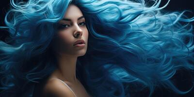 ai generato ritratto di un' bellissimo giovane donna con blu capelli, generativo ai foto