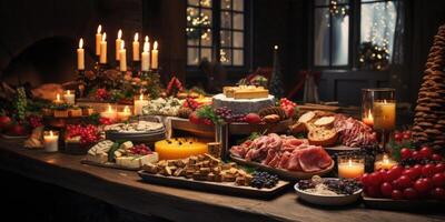 ai generato festivo buffet per nuovo anni festa, Natale tavolo con cibo. generativo ai foto