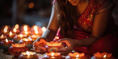 ai generato donna con olio lampada durante diwali. Festival vacanza sfondo. Diwali con Rangoli, generativo ai foto