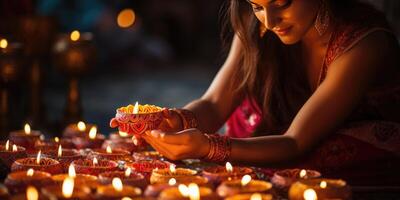 ai generato donna con olio lampada durante diwali. Festival vacanza sfondo. Diwali con Rangoli, generativo ai foto