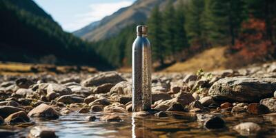 ai generato acciaio eco-termico bottiglia contro il sfondo di un' fiume nel il montagne. generativo ai foto