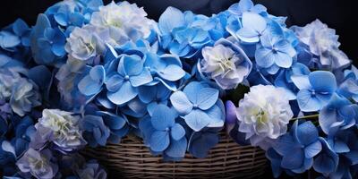ai generato blu ortensie nel un' cestino avvicinamento, fiori. generativo ai foto