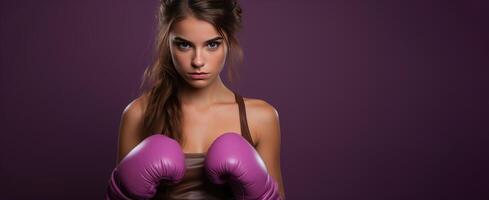 ai generato donna indossare boxe guanti. viola striscione, forte sportivo donna concetto. generativo ai foto