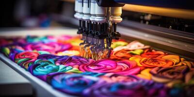 ai generato bellissimo multicolore luminosa macchina ricamo. digitale tessile industria. generativo ai foto