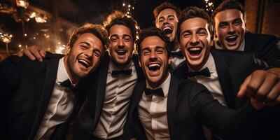 ai generato gli amici, con un all'aperto nozze autoscatto, festeggiare felicità. foto, contento gli amici. generativo ai foto