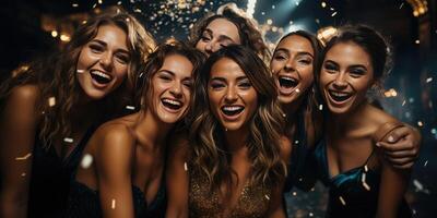 ai generato bellissimo contento donne a un' festa assunzione un' autoscatto. vacanza o Natale concetto. generativo ai foto