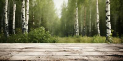 ai generato di legno tavolo con copia spazio contro un' sfondo di bellissimo betulla alberi. generativo ai foto