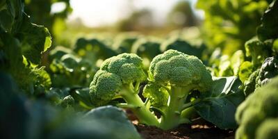 ai generato biologico fresco broccoli cavolo avvicinamento su il campo, eco-friendly prodotti. generativo ai foto