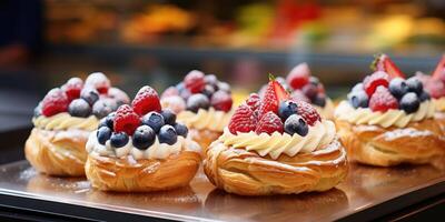 ai generato dolce torte. fresco frutta crostata con fragole, mirtilli e lamponi. generativo ai foto