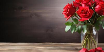 ai generato mazzo di rosso Rose nel un' bicchiere vaso su un' di legno sfondo, per pubblicità o testo, generativo ai foto