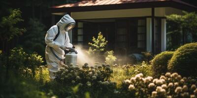 ai generato un' uomo nel un' protettivo completo da uomo ossequi fiori nel il giardino con sostanze chimiche. generativo ai foto