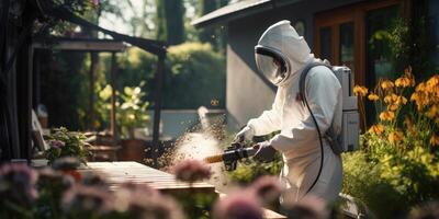 ai generato un' uomo nel un' protettivo completo da uomo ossequi fiori nel un' casa giardino contro parassiti. generativo ai foto