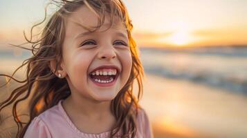 ai generato un' bellissimo poco ragazza ride a voce alta su il riva del mare foto