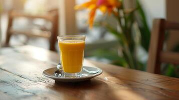 ai generato un' prima colazione con arancia succo e caffè su un' tavolo nel un' carino bar foto
