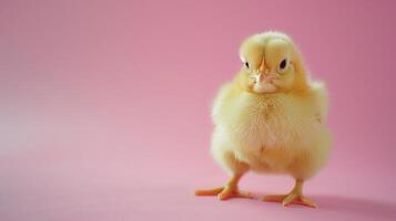 ai generato un' poco giallo pollo su un' pastello rosa sfondo foto