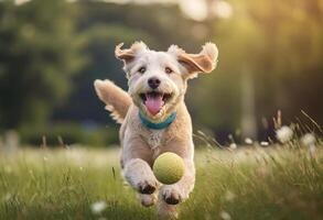 un' contento cane giocando con palla foto