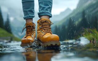 escursioni a piedi escursionista viaggiatore paesaggio avventura natura all'aperto sport sfondo panorama - vicino su di piedi con escursioni a piedi scarpe a partire dal un' uomo o donna a piedi nel il fiume foto