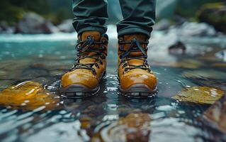 escursioni a piedi escursionista viaggiatore paesaggio avventura natura all'aperto sport sfondo panorama - vicino su di piedi con escursioni a piedi scarpe a partire dal un' uomo o donna a piedi nel il fiume foto