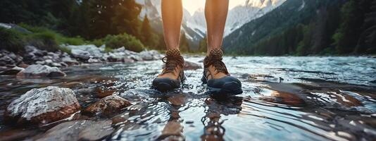 escursioni a piedi escursionista viaggiatore paesaggio avventura natura all'aperto sport sfondo panorama - vicino su di piedi con escursioni a piedi scarpe a partire dal un' uomo o donna a piedi nel il fiume foto