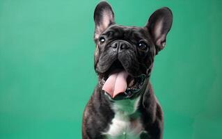 francese bulldog cane quello ha ha aperto suo bocca e bastoni su suo lingua foto