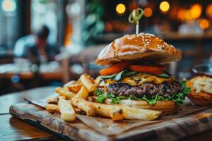 gustoso mestiere Manzo hamburger su un' sfocato ristorante sfondo con patatine fritte. hamburger al formaggio con cipolle, fetta pomodoro, lattuga, Bacon, salamoia e Patata francese patatine fritte. foto