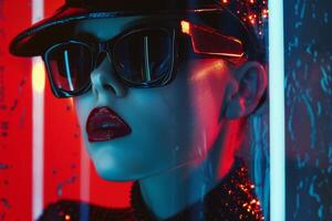 ritratto di un' donna indossare nero occhiali, con contrastante neon illuminazione nel rosso e blu. moda industria foto