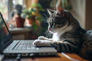 un' domestico gatto si siede a un' scrivania utilizzando un' il computer portatile. opera, sociale reti, intrattenimento. lontano opera foto