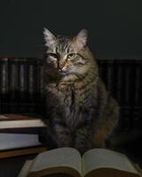 concetto di lettura. mondo libro giorno. gatto con libri in giro fingendo per leggere. foto