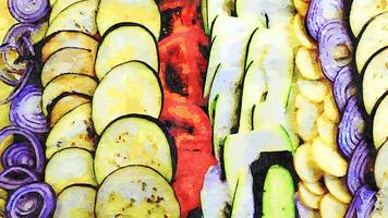 acquerello che rappresentano verdure tagliare in magro fette nel un' padella e pronto per essere al forno. foto