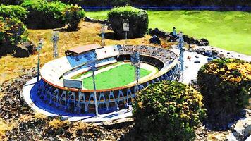 un' calcio stadio su il sobborgi di il città. digitale acquerello foto