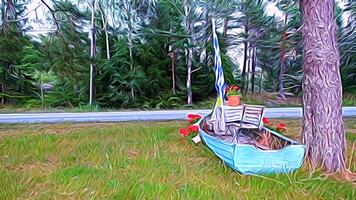 digitale pittura stile che rappresentano un' di legno barca con un' caffè tavolo e il greco bandiera a il piede di un' albero foto