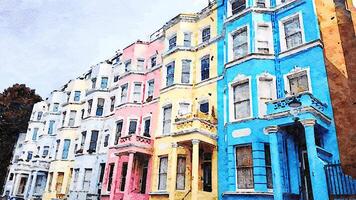un' mattina intravedere di alcuni colorato Londra edifici nel Inghilterra. digitale acquerello stile. foto