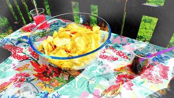 un' ciotola di francese patatine fritte su il giardino tavolo durante un' festa foto