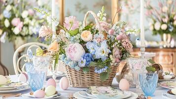 Pasqua tablescape decorazione, floreale vacanza tavolo arredamento per famiglia celebrazione, primavera fiori, Pasqua uova, Pasqua coniglietto e Vintage ▾ stoviglie, inglese nazione e casa messa in piega foto