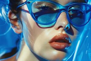 avvicinamento foto di il viso di un' femmina modello nel blu trasparente bicchieri con paffuto labbra. moda industria, per rivista copertina