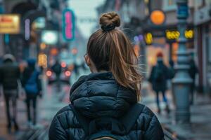 foto di un' ragazza nel un' nero giù inverno giacca contro il fondale di il città. Visualizza a partire dal il Indietro. offuscamento sfondo