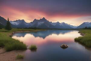 mozzafiato tramonto al di sopra di maestoso montagna gamma riflettendo su un' pace lago, natura, paesaggio, serenità foto